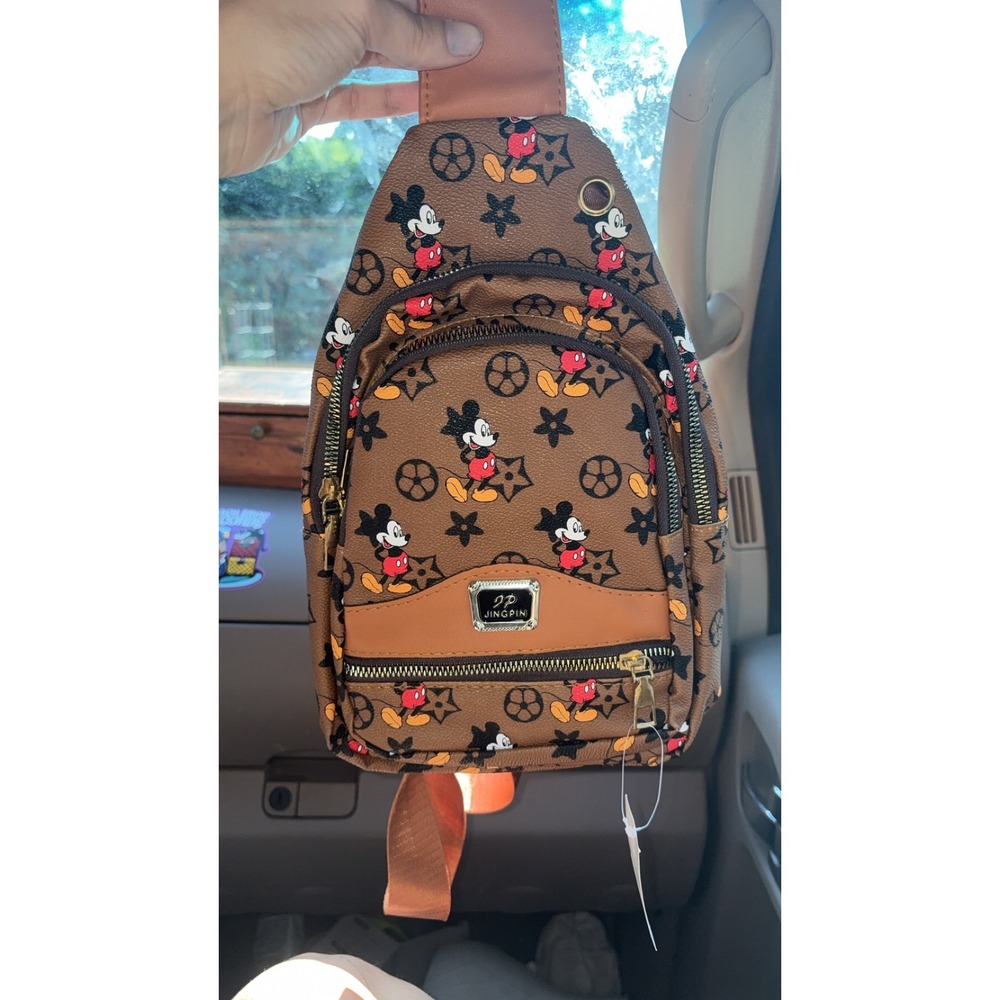 Jingpin Disney Mickey Mouse Sling Bag Brown Faux Leather Crossbody Backpack NEW